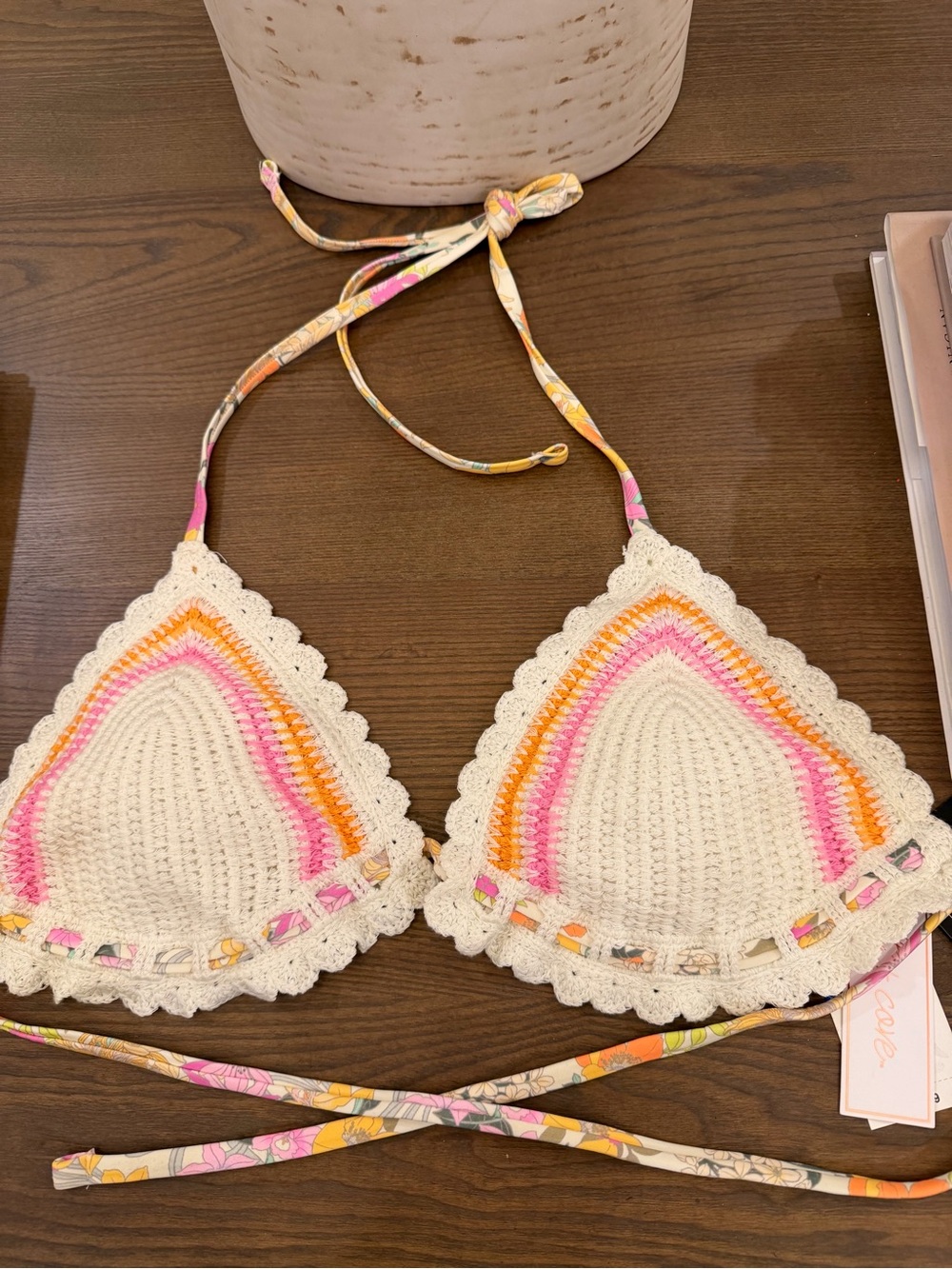 Salt + Cove Crochet Bikini Top - Cream with Pink & Orange Stripes
